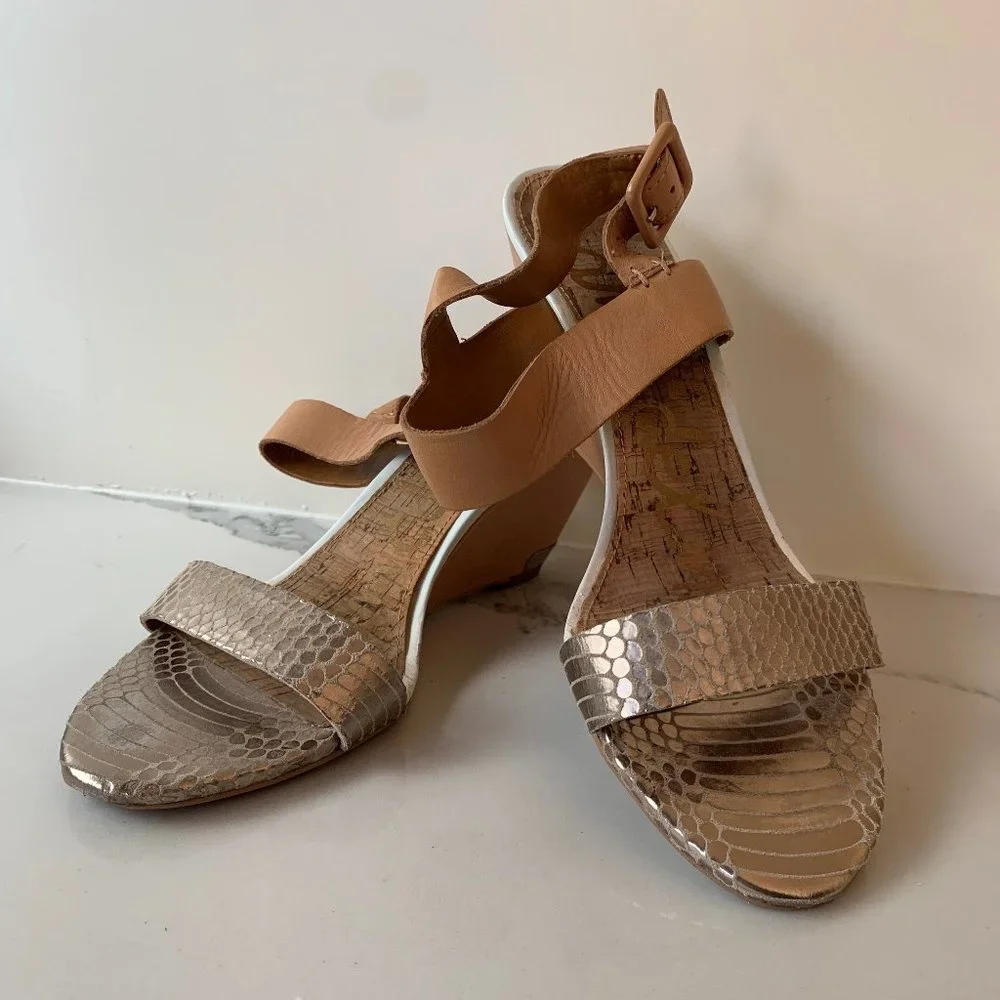 Sam Edelman Tan and Metallic Taupe Wedge Sandals - Picture 5 of 10